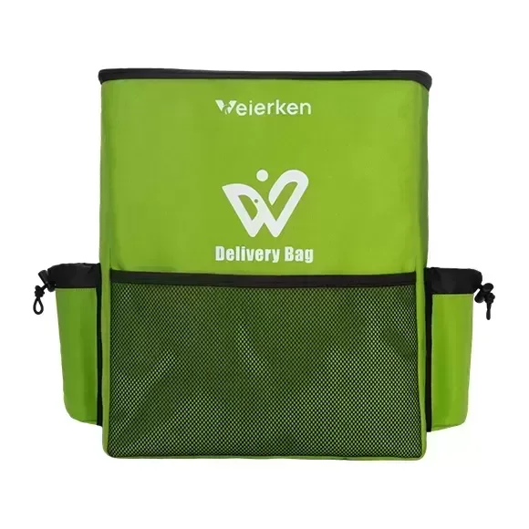 Delivery backpack front showing mesh storage and side pockets