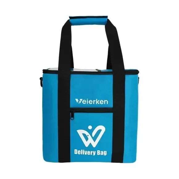 Blue delivery bag with an exterior brand panel and carry handles