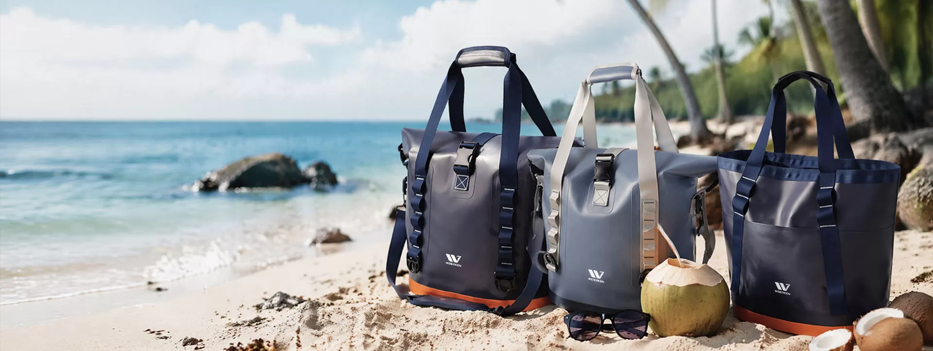 Weierken waterproof totes and backpacks presented at the beach