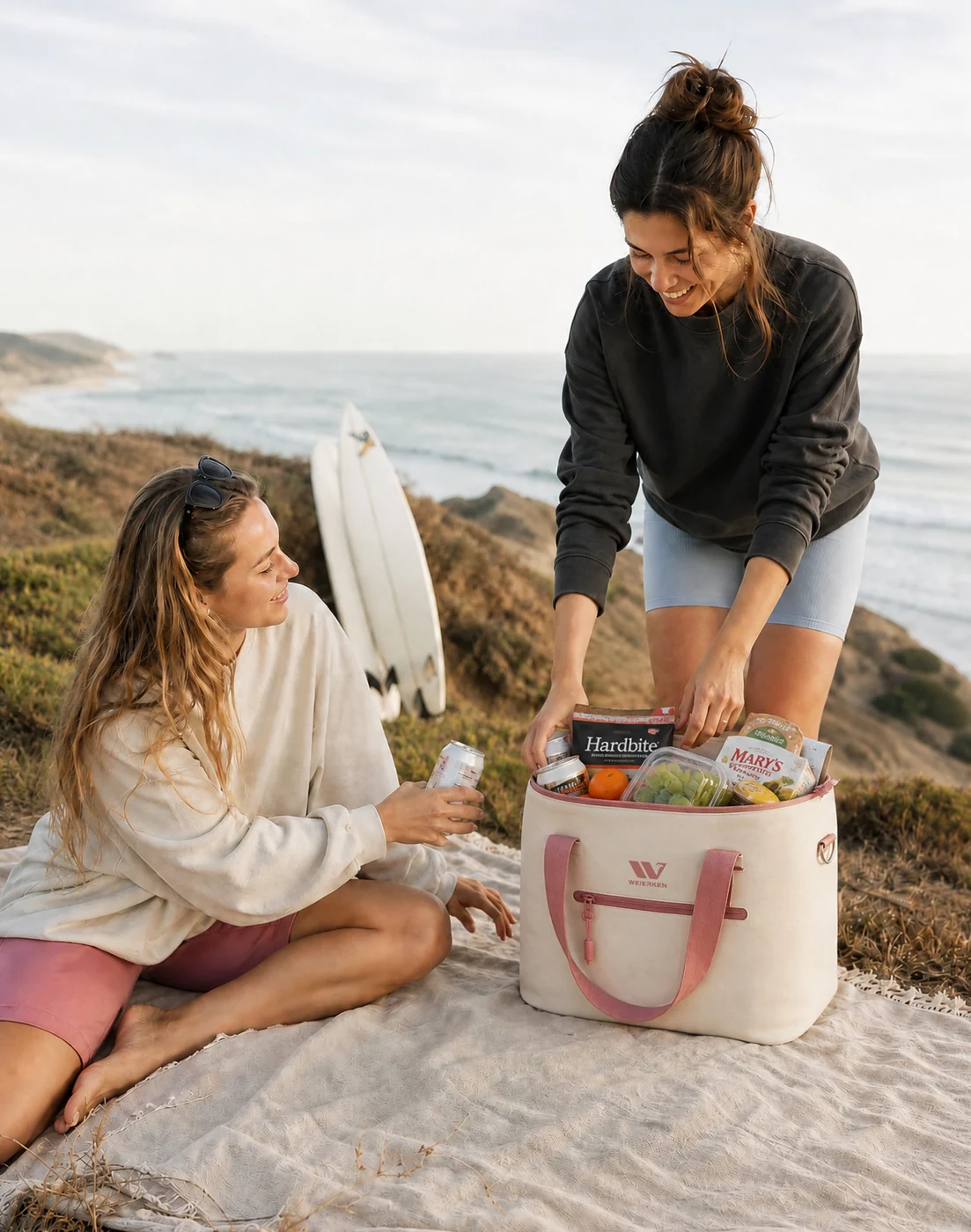 Outdoor picnic scene with food and drinks being taken from a cooler bag